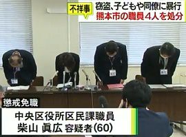窃盗、DVなど熊本市職員４人を懲戒処分