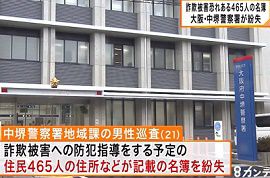 詐欺の被害にあう恐れがある市民の名簿を紛失　大阪府警