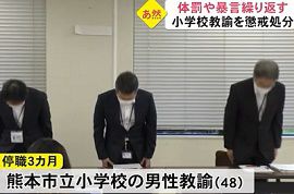 市立小学校の男性教諭が体罰や暴言繰り返す　熊本