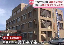 14歳中学生が母親を刃物で切りつける　静岡