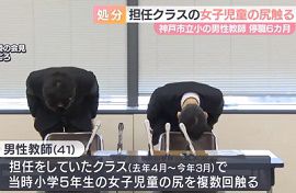 神戸市立小学校の教師が小５女児の尻を複数回触る