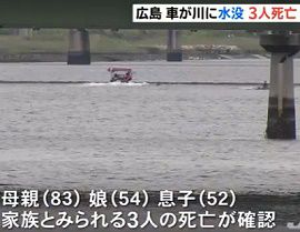 川に沈んだ車から男女３人が見つかる　広島